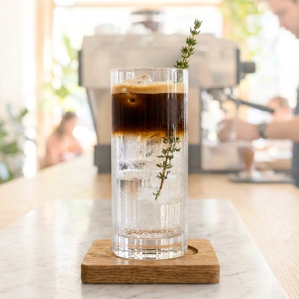 Espresso tonic z widocznymi warstwami kawy i toniku nad kostkami lodu