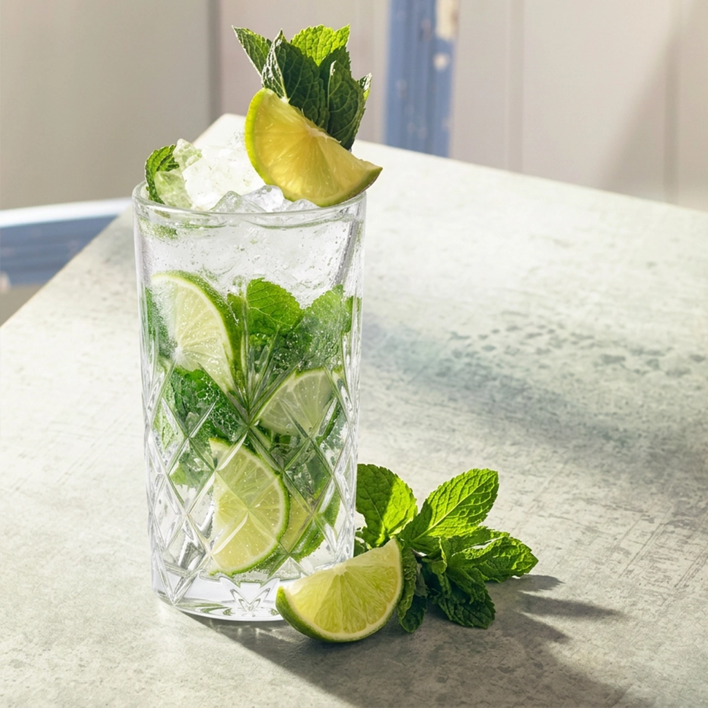 Mojito bezalkoholowe z listkami mięty, ćwiartkami limonki i kruszonym lodem