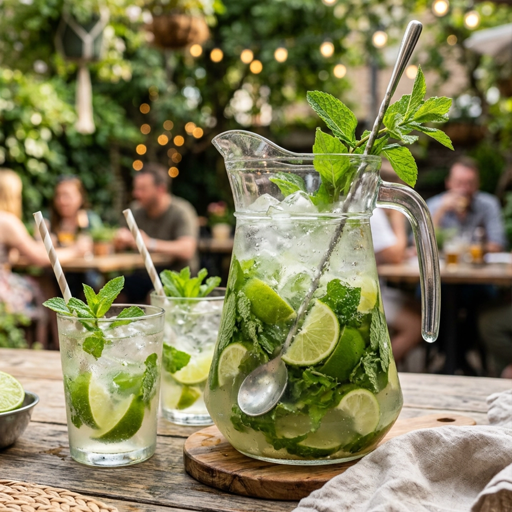 Dzbanek z mojito bezalkoholowym i szklanki z miętą i limonką