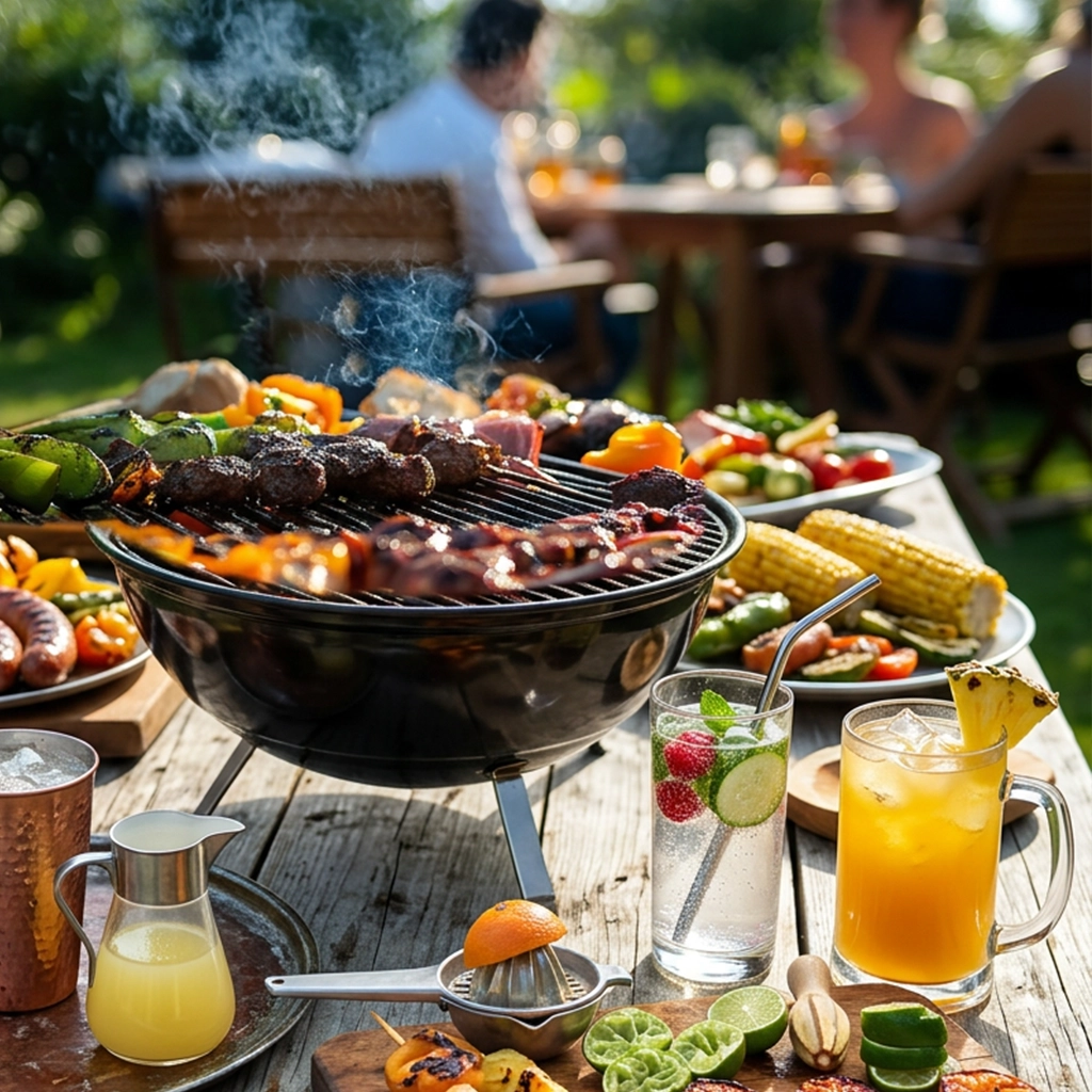 Stół z grillowanymi potrawami i napojami bezalkoholowymi w ogrodzie